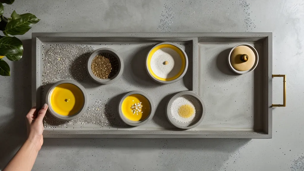 Bandeja de concreto decorativo y resina epóxica con acabado brillante de lujo hecha a mano