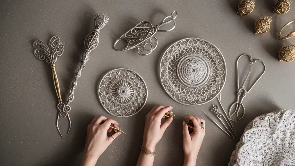 Soplete de joyería y alambre de plata fino, herramientas de precisión para filigrana momposina sobre mesa de trabajo artesanal.