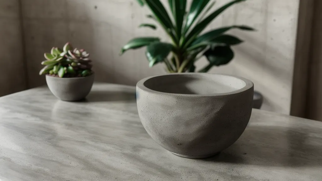 Cuenco de concreto decorativo con acabado espejo y suculenta