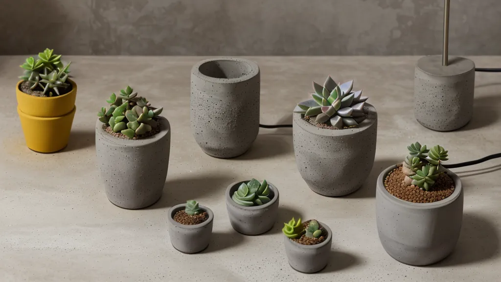 Lámpara y maceta de concreto decorativo terminadas sobre una mesa
