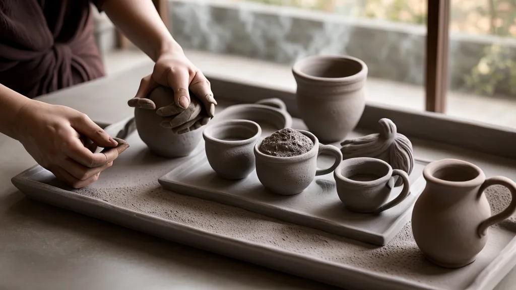 Manos trabajando arcilla fría con herramientas de modelado y café al lado.