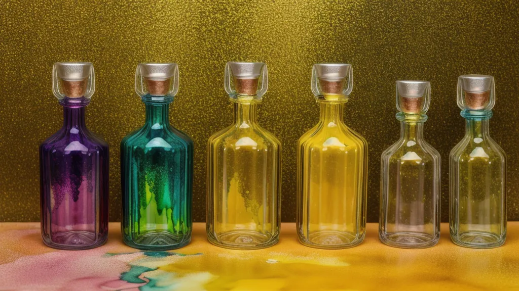 Frascos de tintas al alcohol y báscula de precisión en un taller de manualidades.